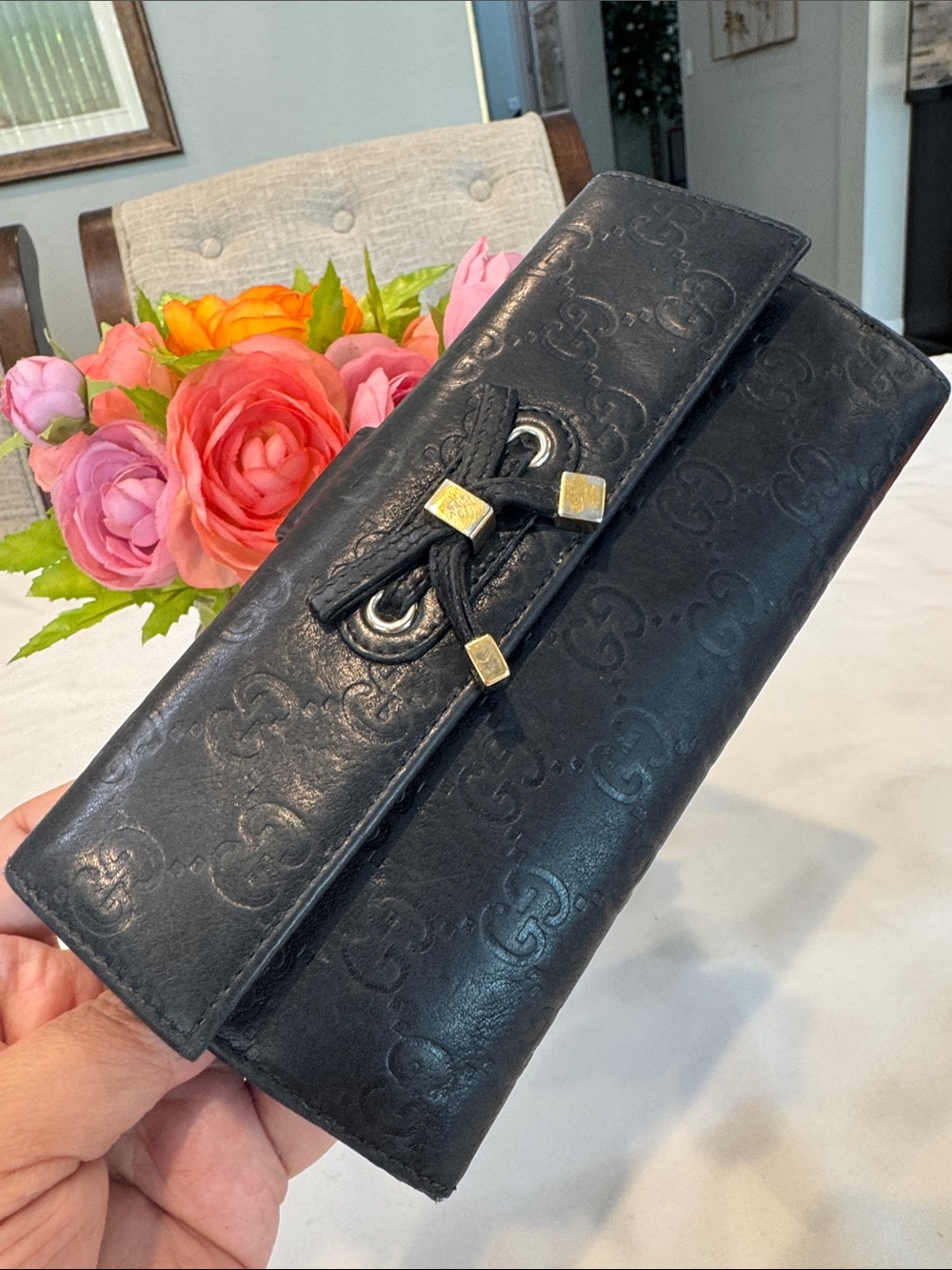 Authentic Gucci Black Guccisima GG Leather Wallet with Bow Accent